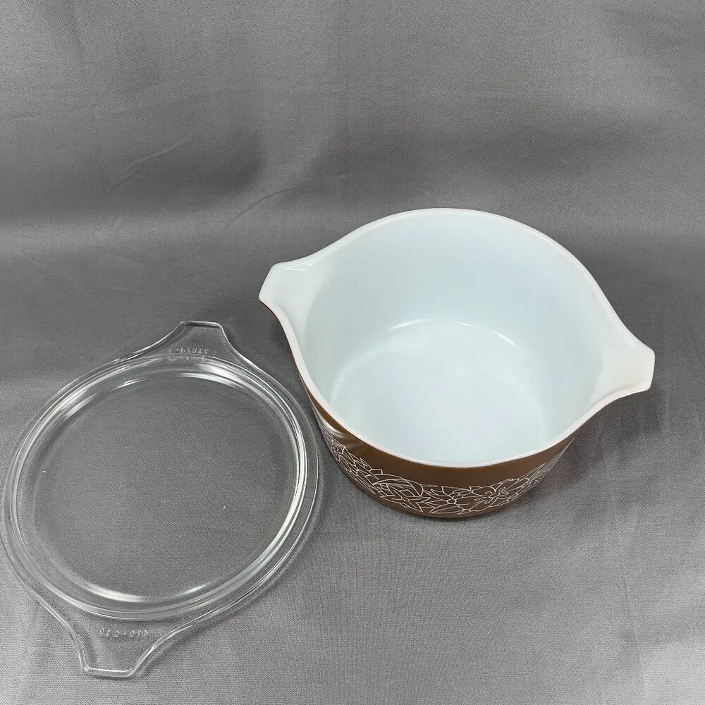 Vintage Pyrex #473B 1L Woodland Baking Casserole Dish Bowl Lid Brown 70s